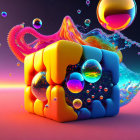 Colorful 3D illustration of melting yellow cube in liquid splash with floating spheres