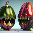 Stylized bell peppers with mouths, teeth, and tongues filled with vegetables