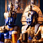 Golden statues with multiple heads and arms smiling, surrounded by coins on dark blue background.