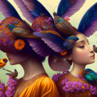 Vivid Illustration of Two Women with Colorful Birds