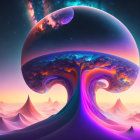 Fantastical landscape with oversized luminescent mushrooms under serene twilight sky