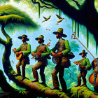 Illustration of Four Musicians with String Instruments in Forest Scene