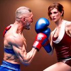 Muscular man in blue boxing gloves vs. fit woman in red gloves and outfit