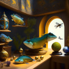 Surreal Renaissance-inspired scene with historical attire and ornate interiors