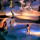 Surrealistic Figure Painting with Elongated Shadows on Reflective Beach