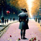 Historical military uniform figure on cobblestone street with autumn trees and vintage cars holding a rose