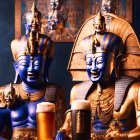 Four Egyptian deity figures with blue skin and traditional headdresses raising glasses of beer.