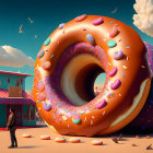 Whimsical town scene with giant glazed donut sculpture