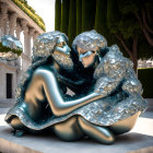 Glossy metallic figures in embrace against architectural background