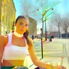 Fashionable woman in white top and green trousers at outdoor cafe with historic arch and pedestrians in background