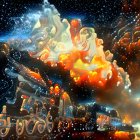 Fantastical steam engine train in cosmic space landscape