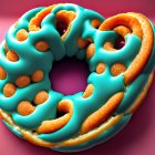 Stylized 3D pretzel with blue icing and sugar crystals on pink background