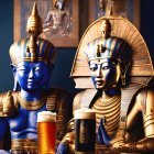 Golden and Blue Multi-Armed Humanoid Statues in Ornate Room