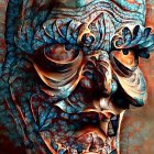 Detailed Digital Artwork: Mask with Intricate Patterns Among Stylized Flowers