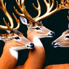 Three golden deer with ornate antlers and crowns on deep blue backdrop