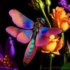 Colorful dragonfly with blue and pink wings on vibrant flowers against dark backdrop