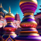 Vibrant purple and gold towers in mystical Eastern kingdom