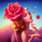 Stylized painting of woman with red rose hair and flying characters on blue gradient.