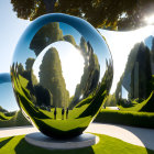 Reflective spherical sculpture distorts lush green garden scenery