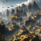 Mystical landscape featuring towering rock pillars, mist, autumnal trees, serene sky, and soaring