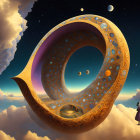 Surreal cosmic loop with starry interior and golden rim above fantasy landscape