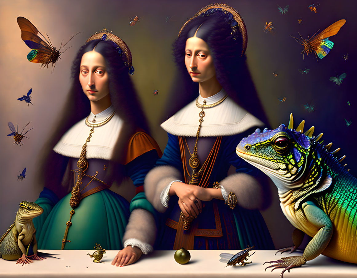 Three women in classic attire with iguana, frog, and butterflies on moody background