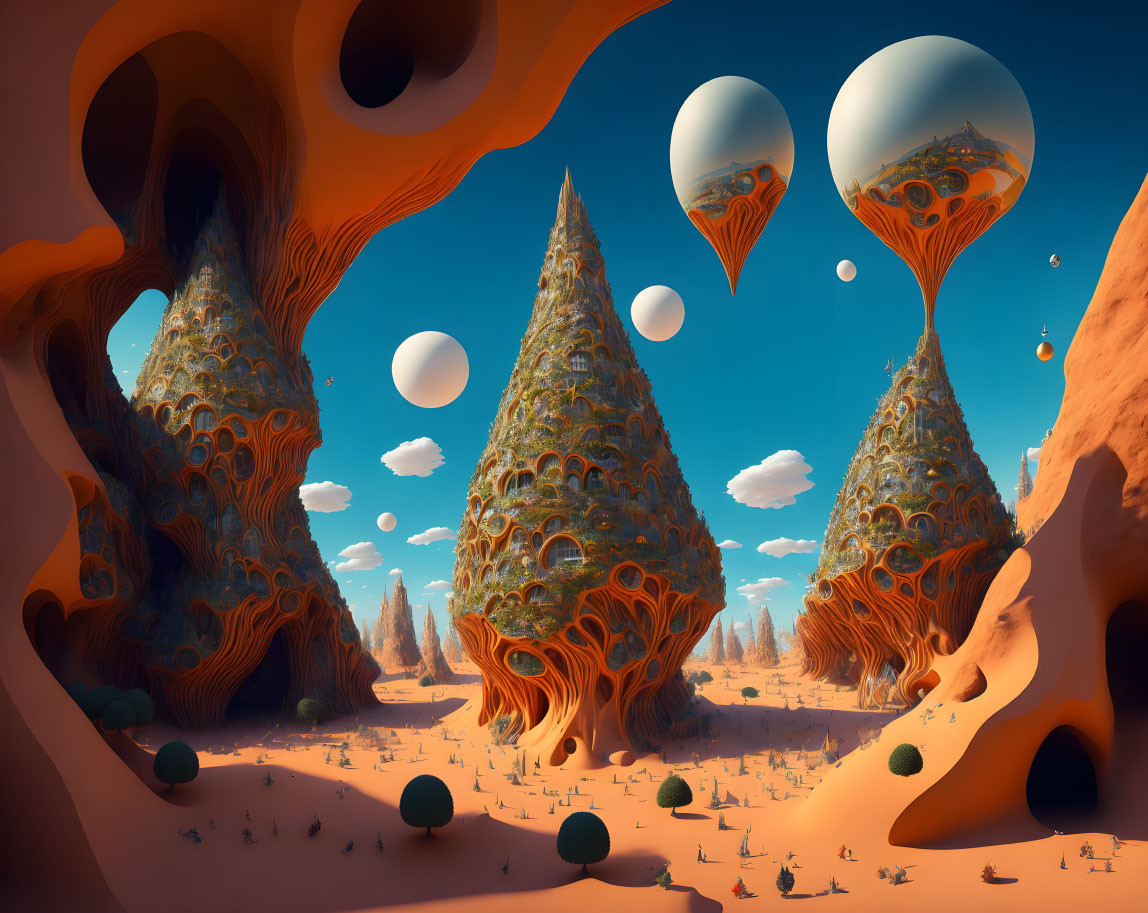 Alien landscape: orange sky, floating orbs, colossal tree-like structures