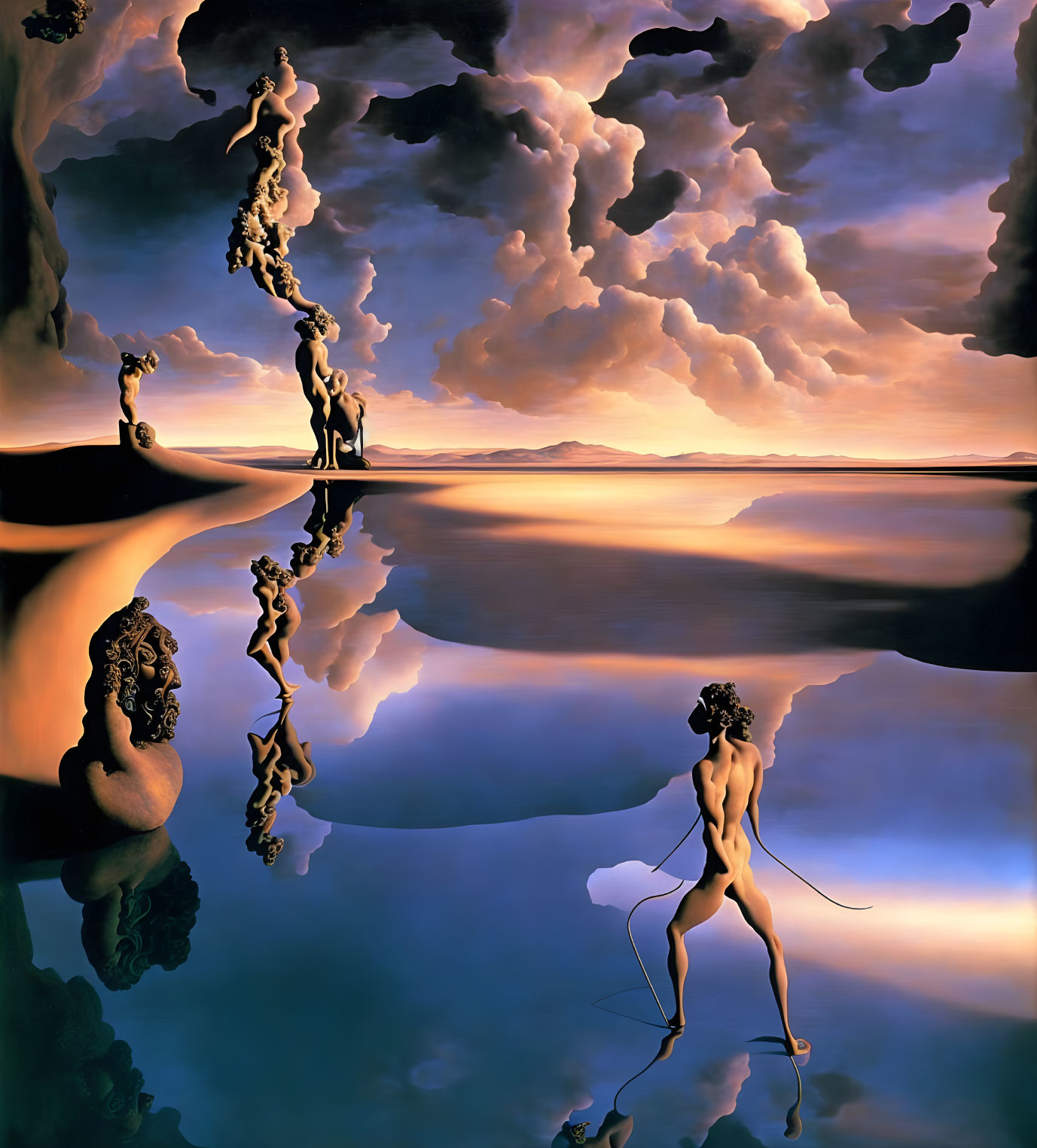 Surrealistic Figure Painting with Elongated Shadows on Reflective Beach