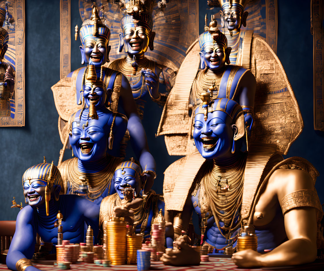 Golden statues with multiple heads and arms smiling, surrounded by coins on dark blue background.