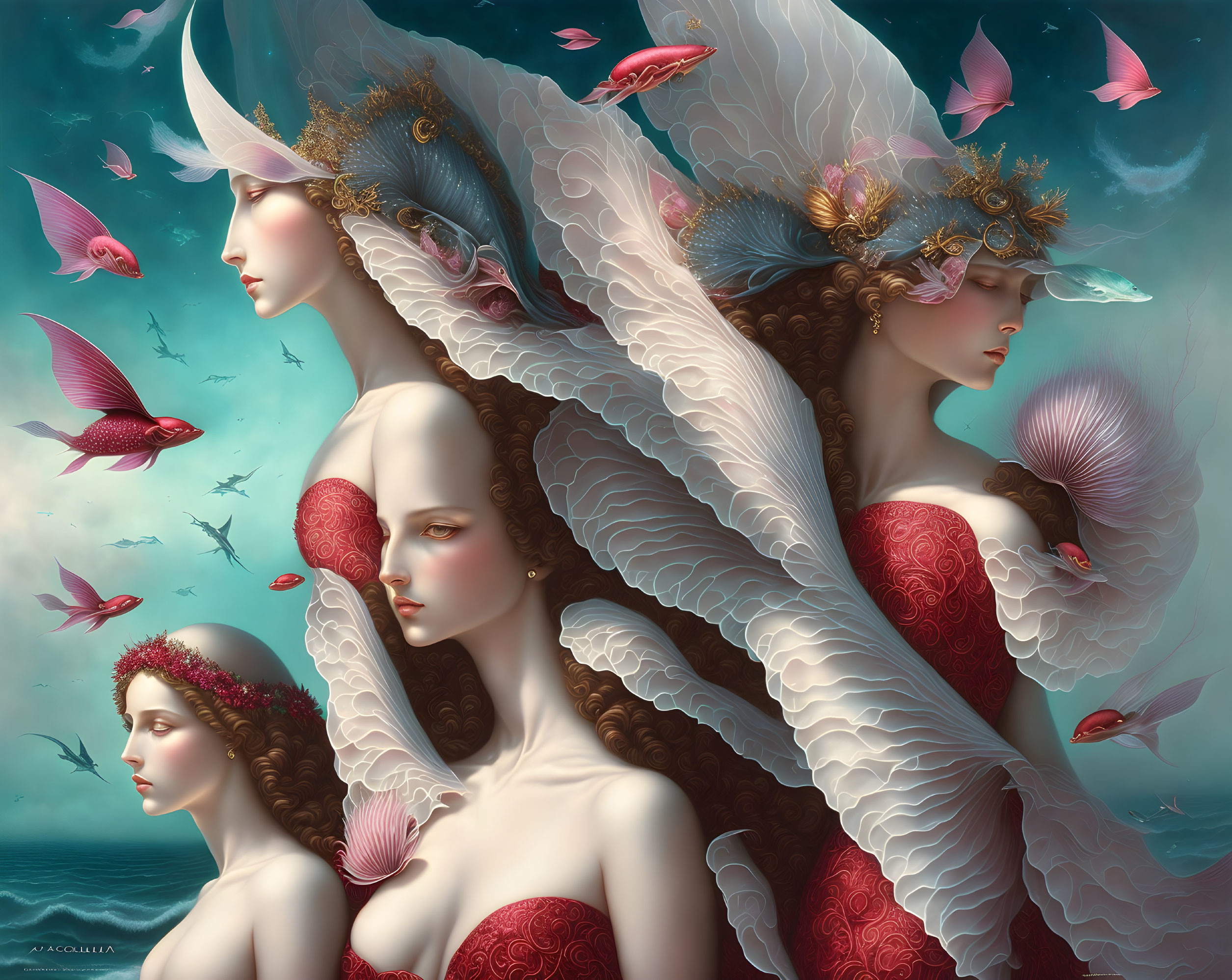 Ethereal women in red dresses with ornate headpieces surrounded by floating fish on teal background