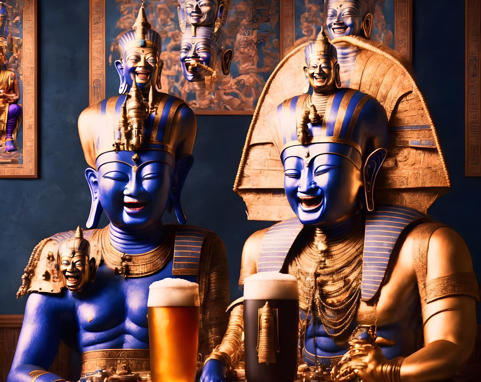 Four Egyptian deity figures with blue skin and traditional headdresses raising glasses of beer.