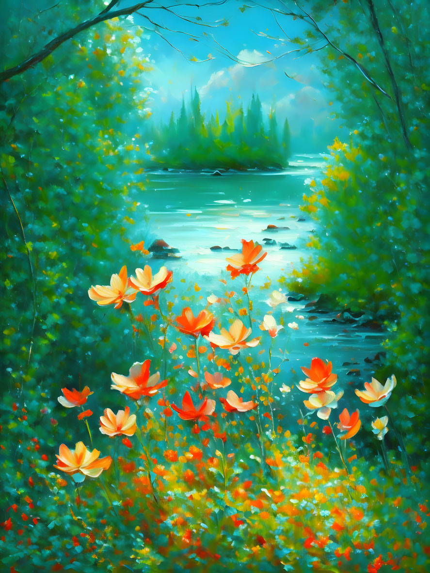 Serene river scene with lush greenery and wildflowers