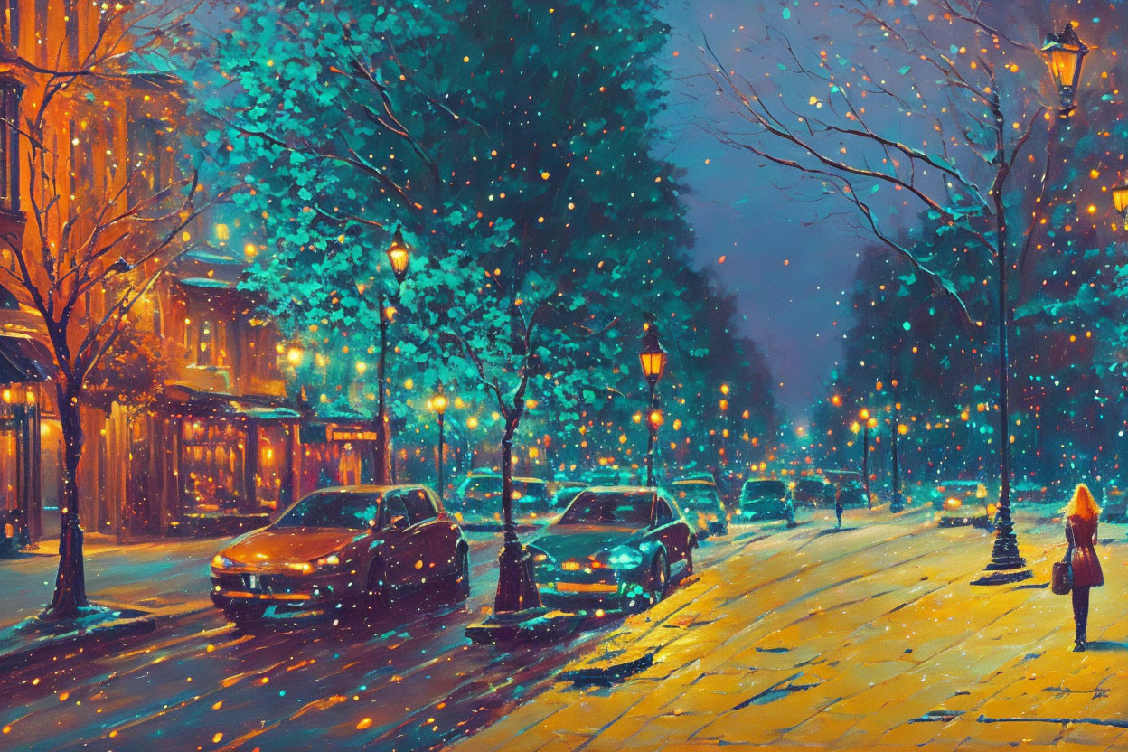 Snowy Evening City Street Painting with Street Lamps, Cars, and Figure