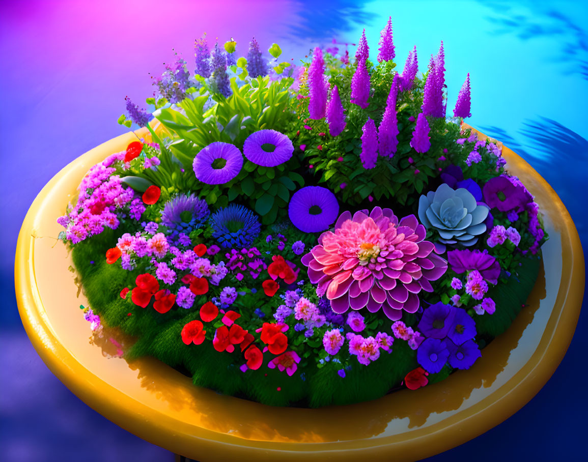 Colorful Floating Garden with Purple, Pink, and Blue Flowers on Yellow Base