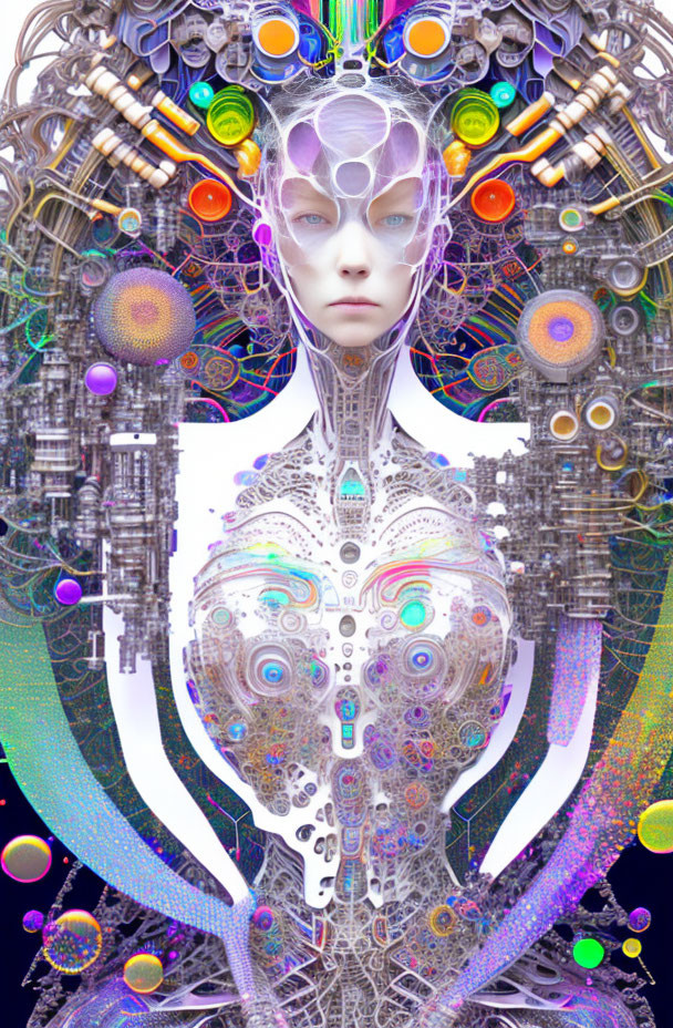 Surreal digital artwork of humanoid figure with intricate patterns on geometric background