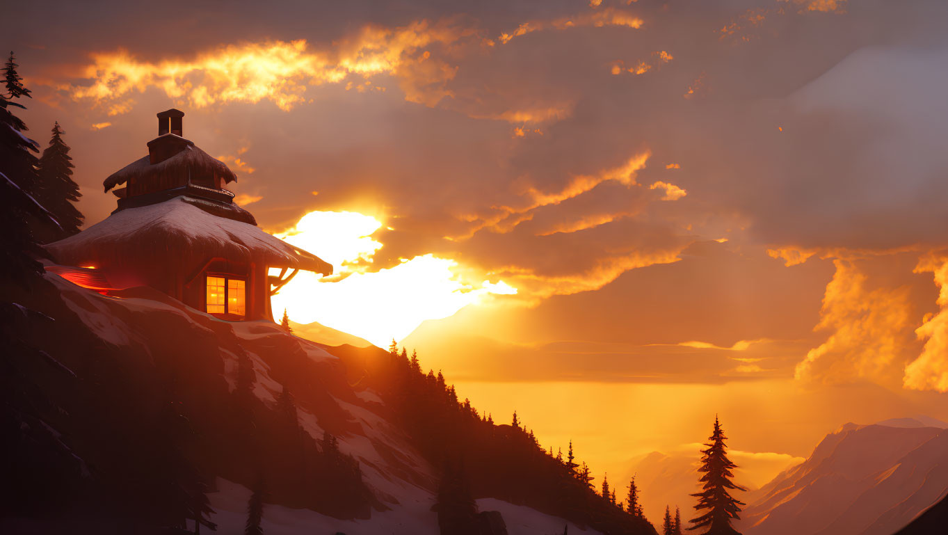 Snow-covered hill cabin in warm sunset glow with illuminated clouds.