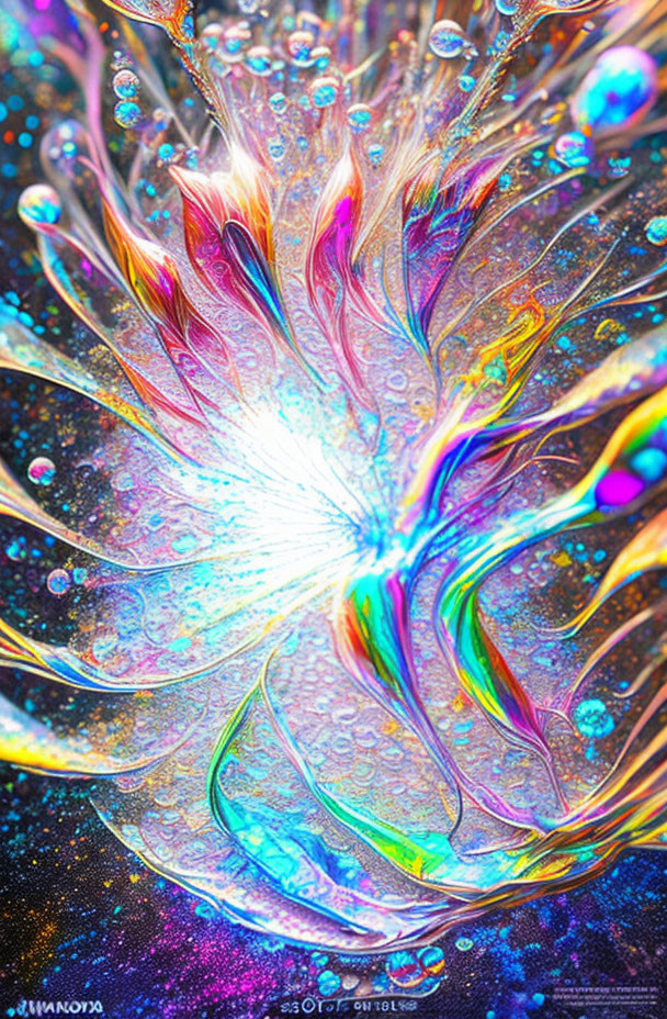 Colorful abstract image: Glowing flower pattern with iridescent colors on dark, starry backdrop