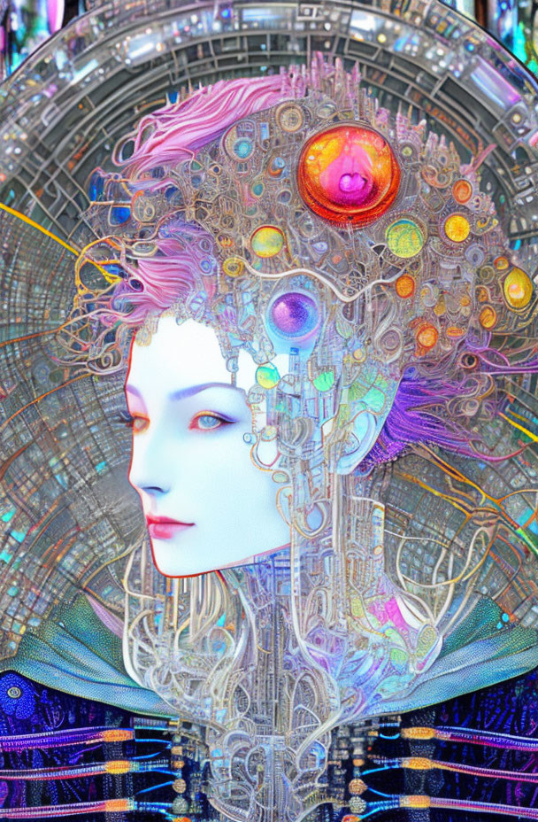 Futuristic digital art: humanoid face merges with mechanical patterns