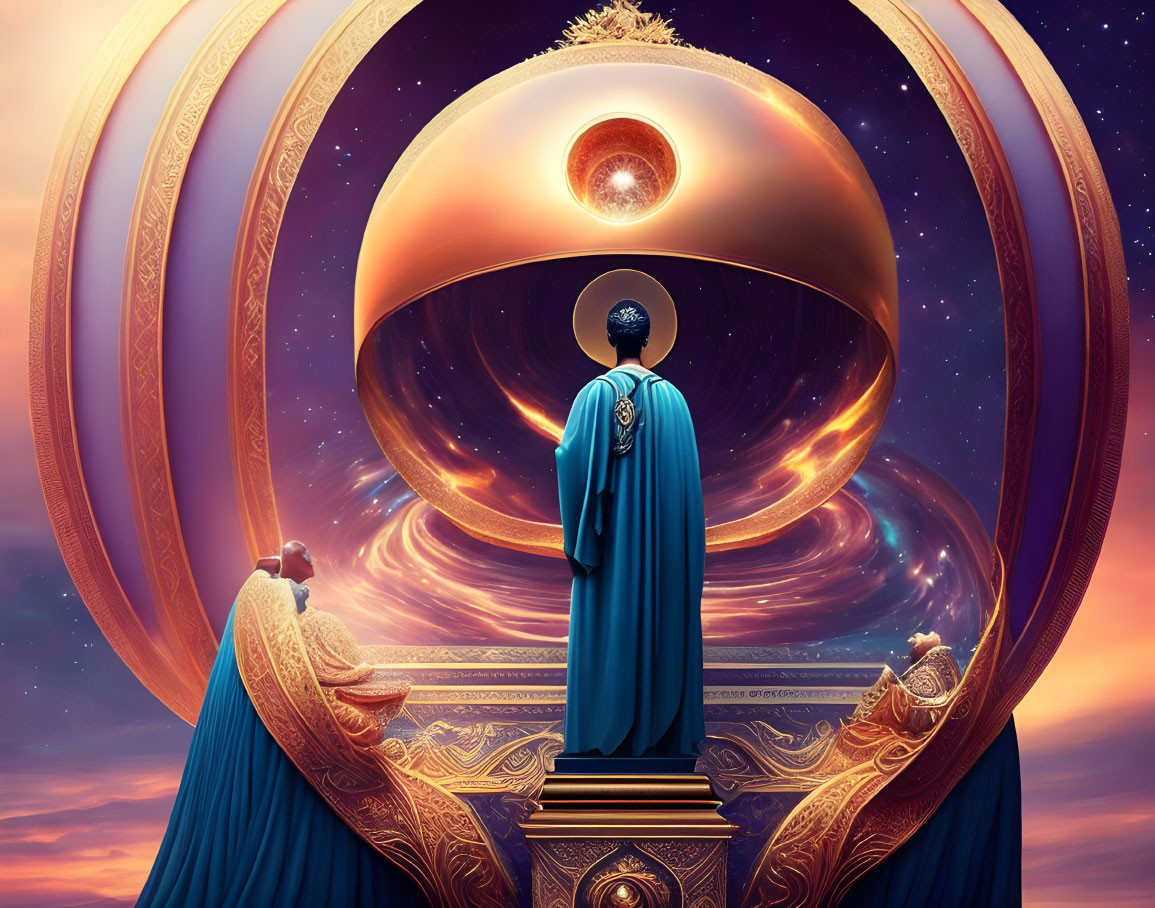 Person in Blue Robe with Celestial Sphere and Cloaked Figures in Cosmic Setting