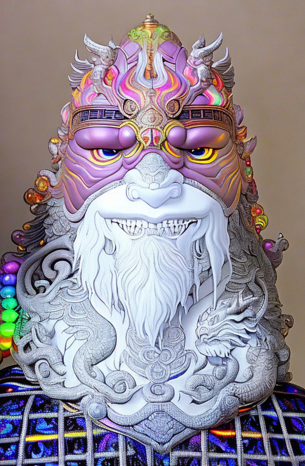 Colorful Dragon Motif Mask with Intricate Design and Beaded Accessories