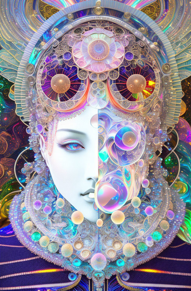 Symmetrical digital artwork blending humanoid face with cosmic and geometric designs