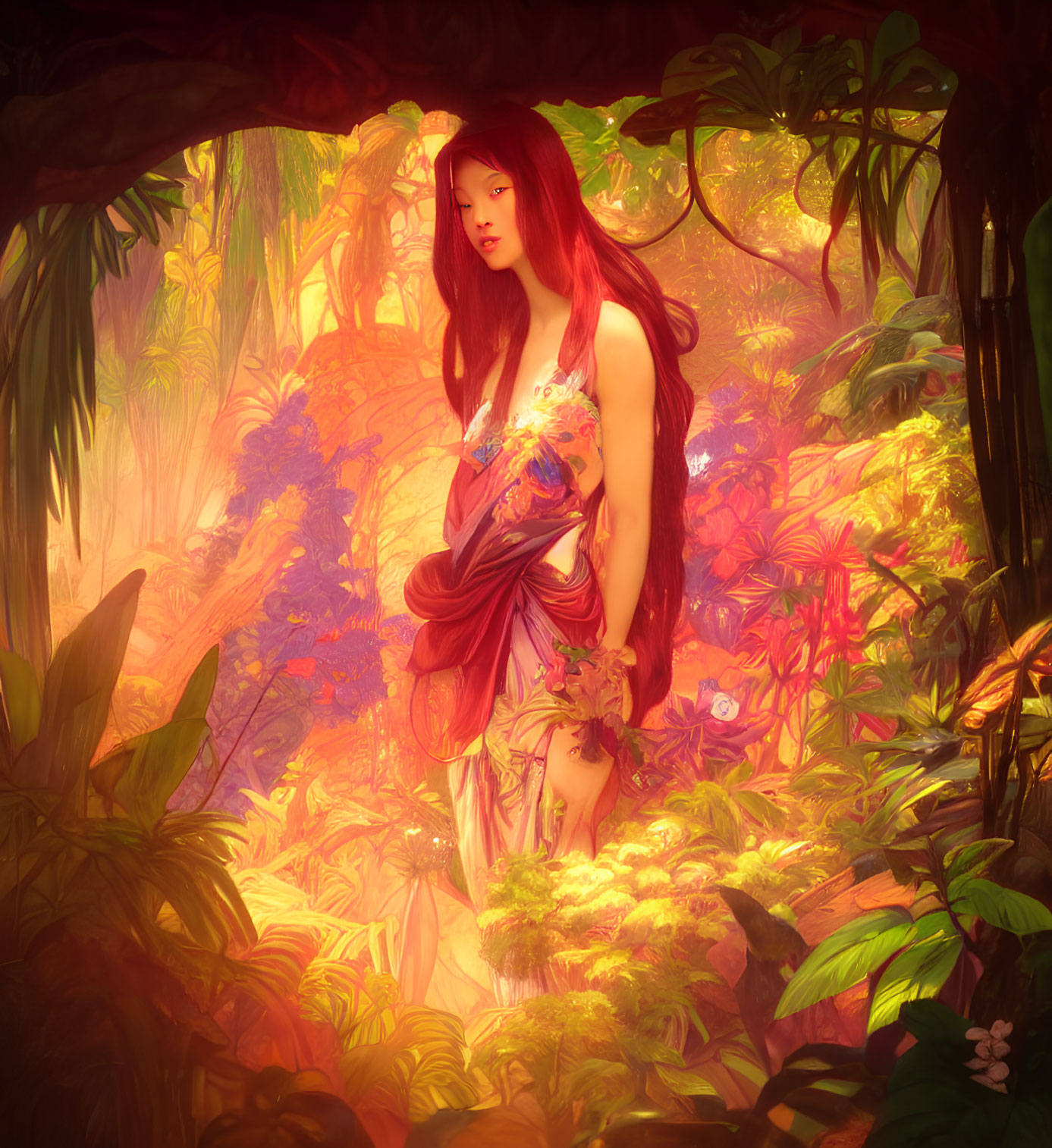 Red-haired woman in flowing dress in lush jungle with warm golden light.