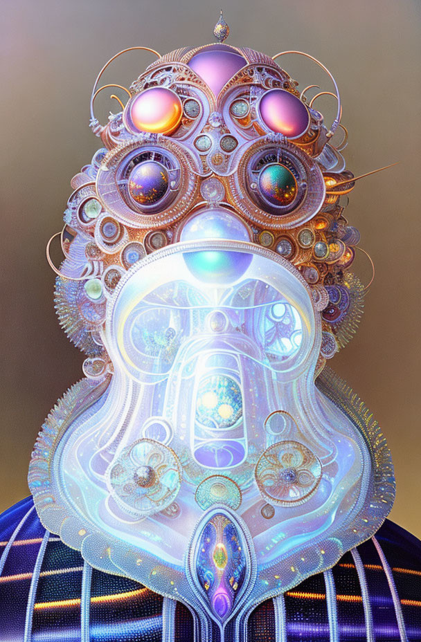 Intricate surreal artwork: humanoid face with ornate headpiece & jewels