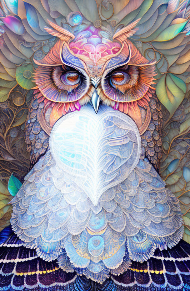 Vibrant owl illustration with intricate patterns and glowing book pages