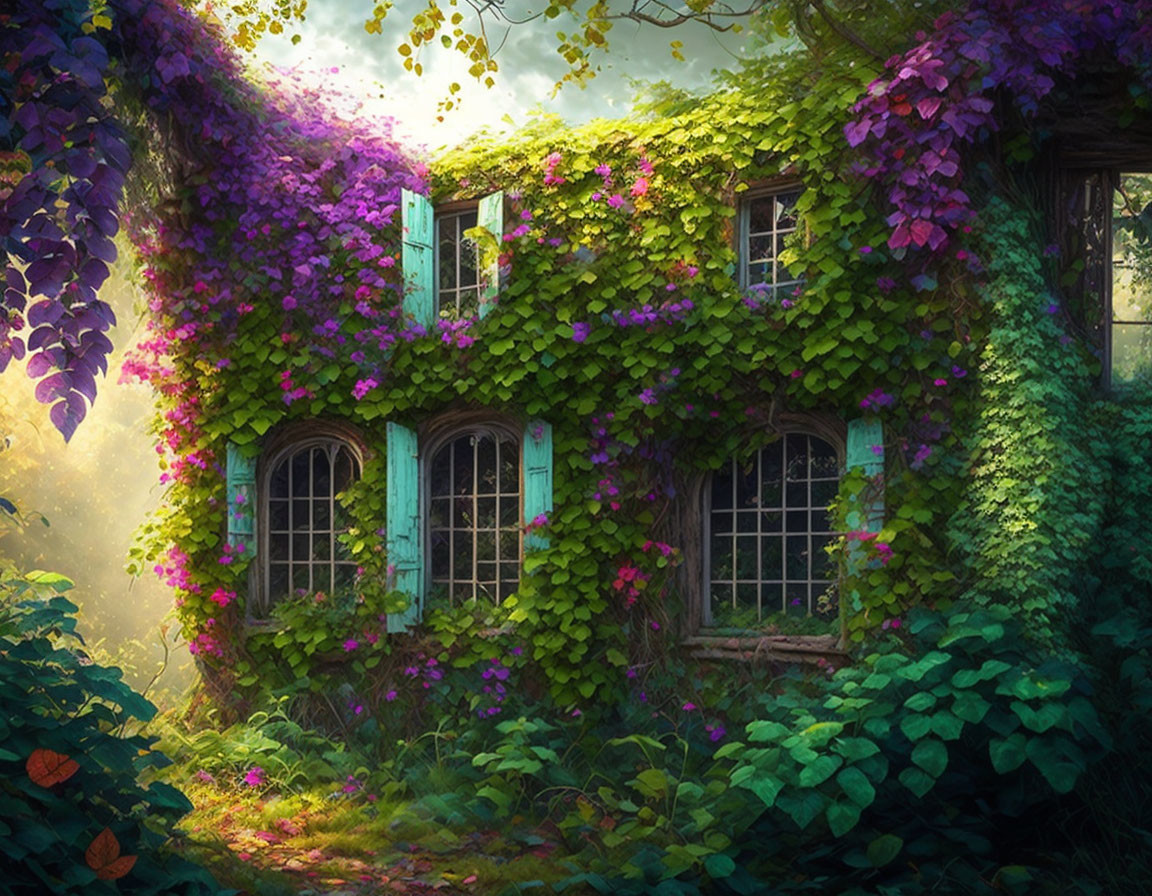 Enchanting old cottage in lush forest with purple flowers