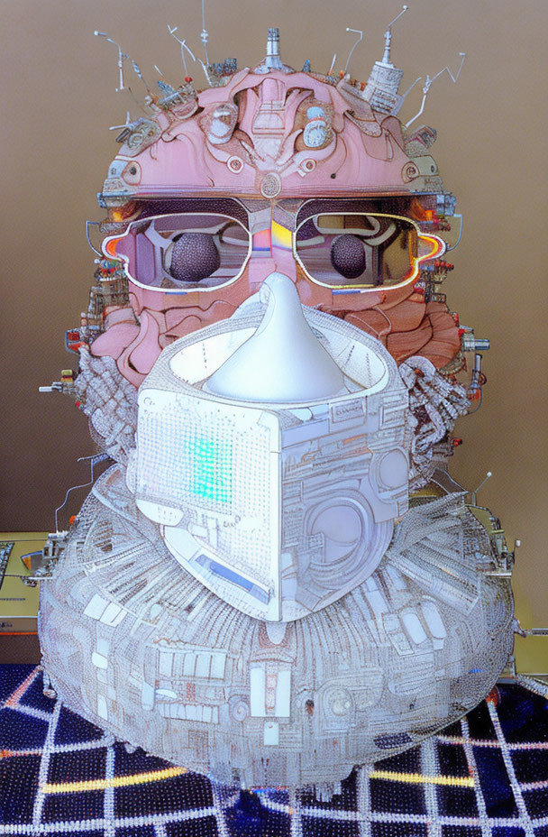 Detailed futuristic robotic head with cone-shaped nose and neon accents on pixelated background