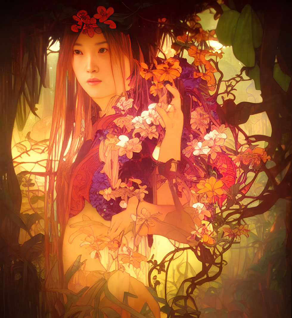 Mystical woman surrounded by vibrant flowers in digital illustration