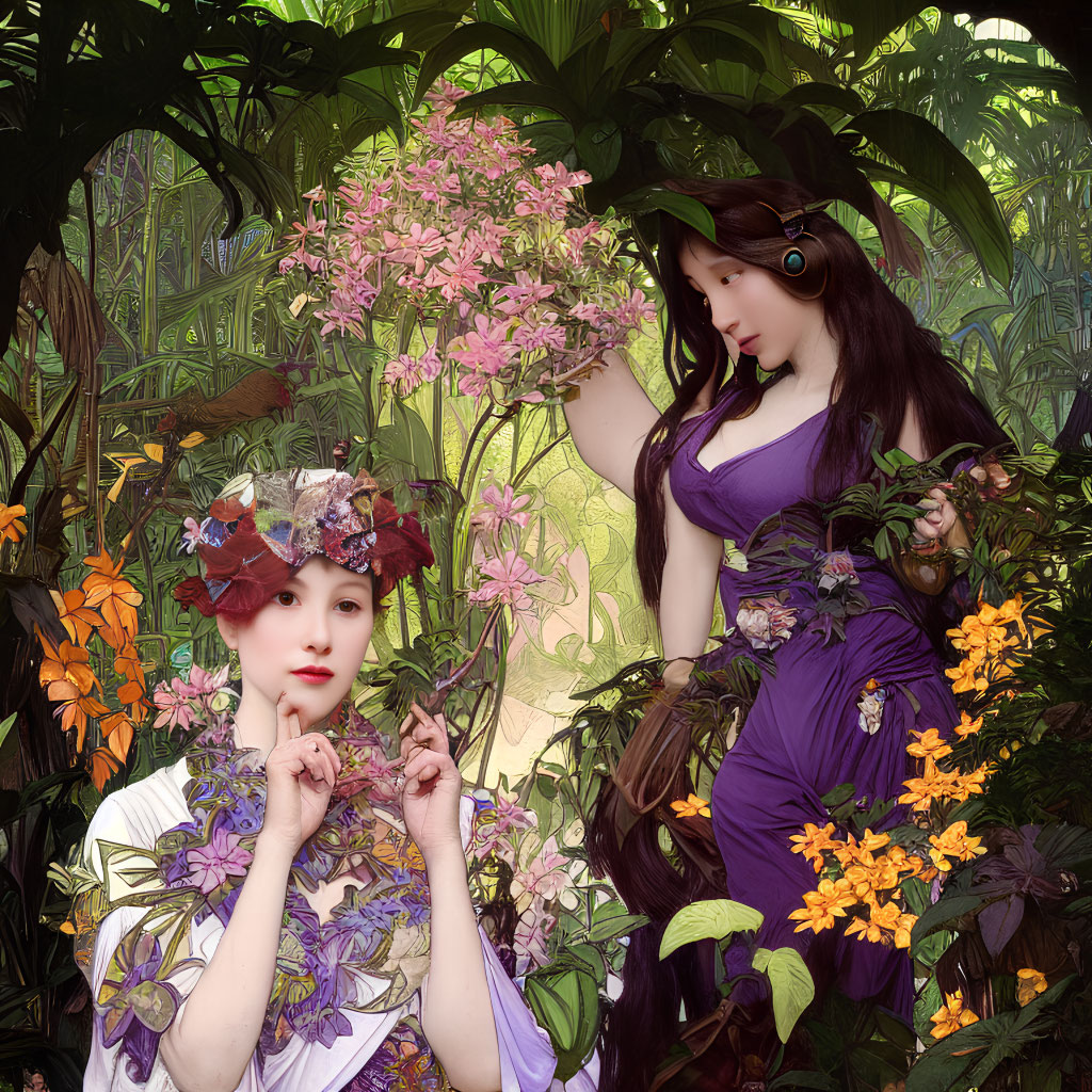 Two women in floral attire surrounded by lush foliage and colorful flowers