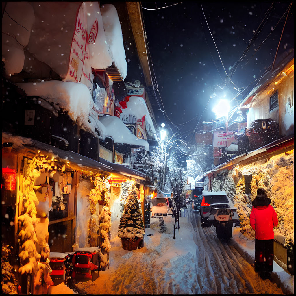 Snowy Evening in Festive Village with Illuminated Streets