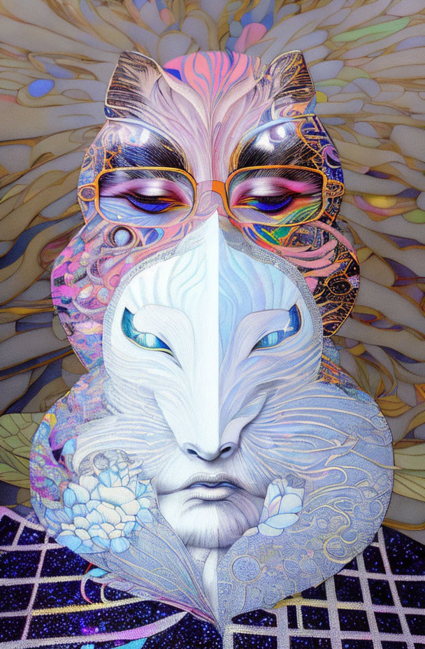 Colorful Psychedelic Humanoid Figure with Fox-Like Face and Sunglasses